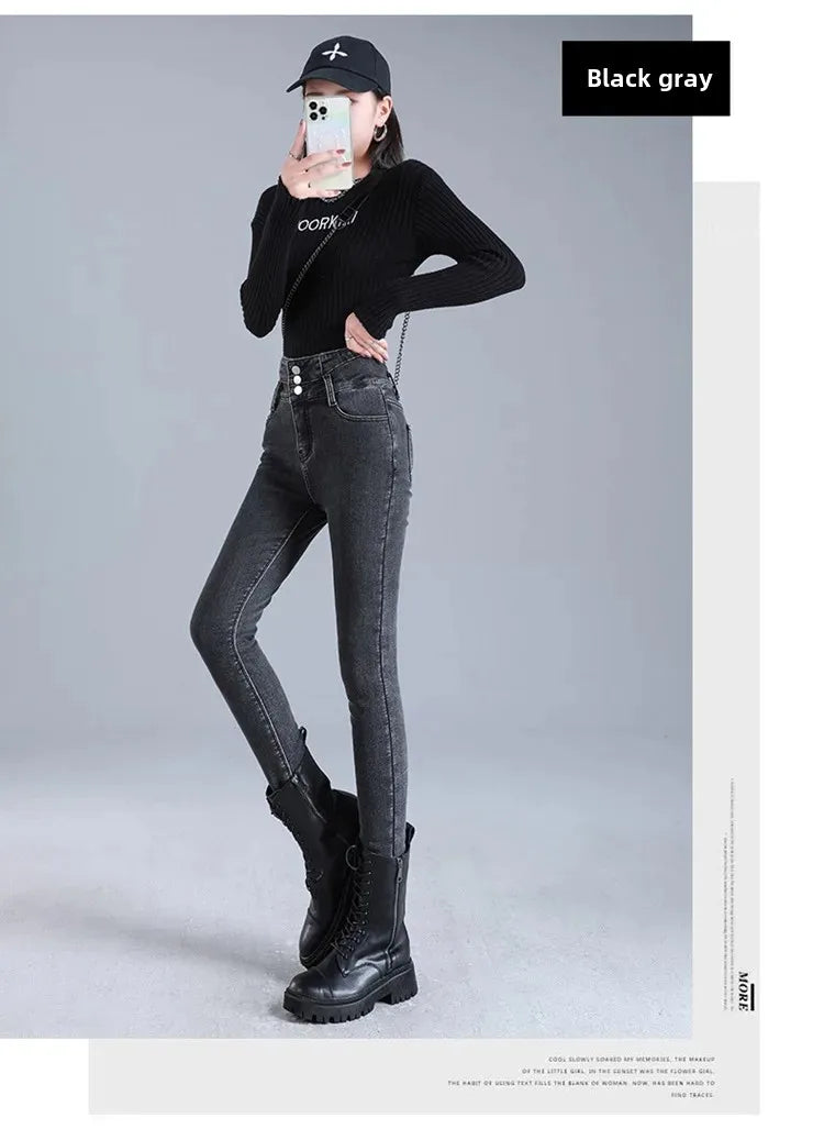 2023 Winter New Women's High-Waisted Elastic Korean Style Slimming Thickened Warm Fleece-Lined Jeans Outer Wear Small Foot Trous