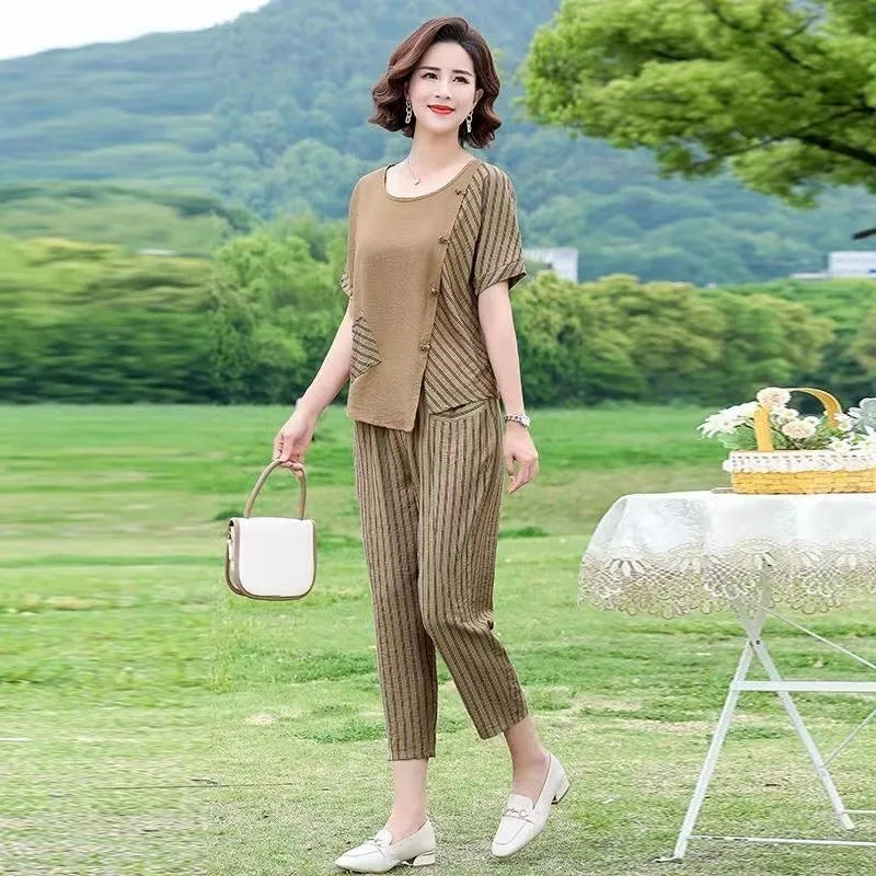 Vintage Cotton Linen Suit for Women Pants Short Sleeve Blouses Loose 2 Piece Sets Summer Womens Outfits Trouser Suits - Seprincess