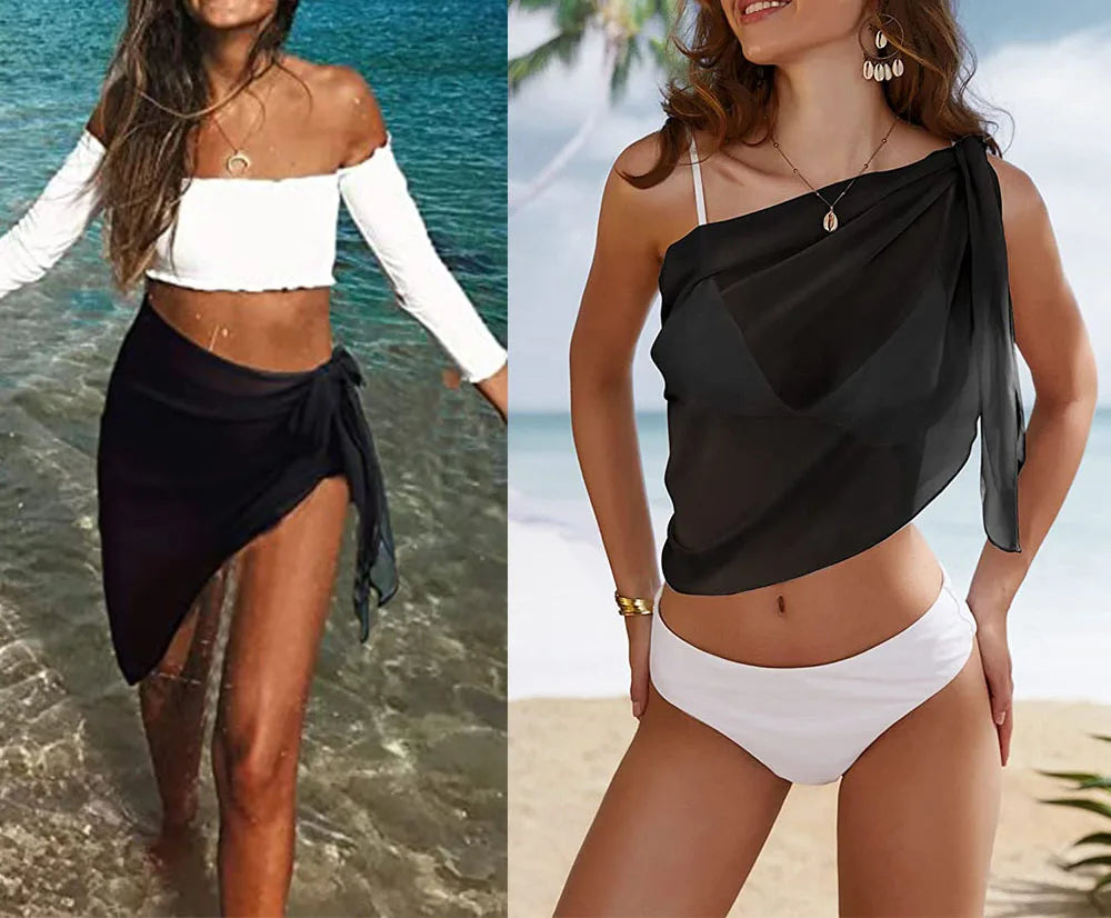 Women Short Sarongs Swimsuit Coverups Beach Bikini Wrap Sheer Short Skirt Chiffon Scarf Cover Ups for Swimwear - Seprincess