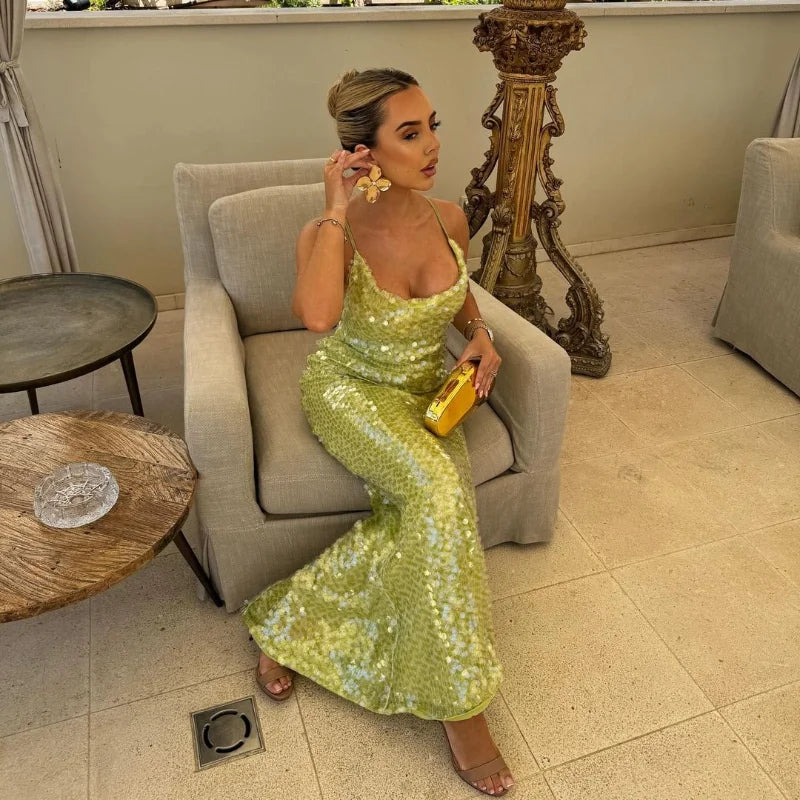 2024 New Fashion Shiny Sequins Lady Maxi Dress Sexy Off Shoulder Backless Slim Long Dresses Women Summer Chic Evening Party Gown - Seprincess