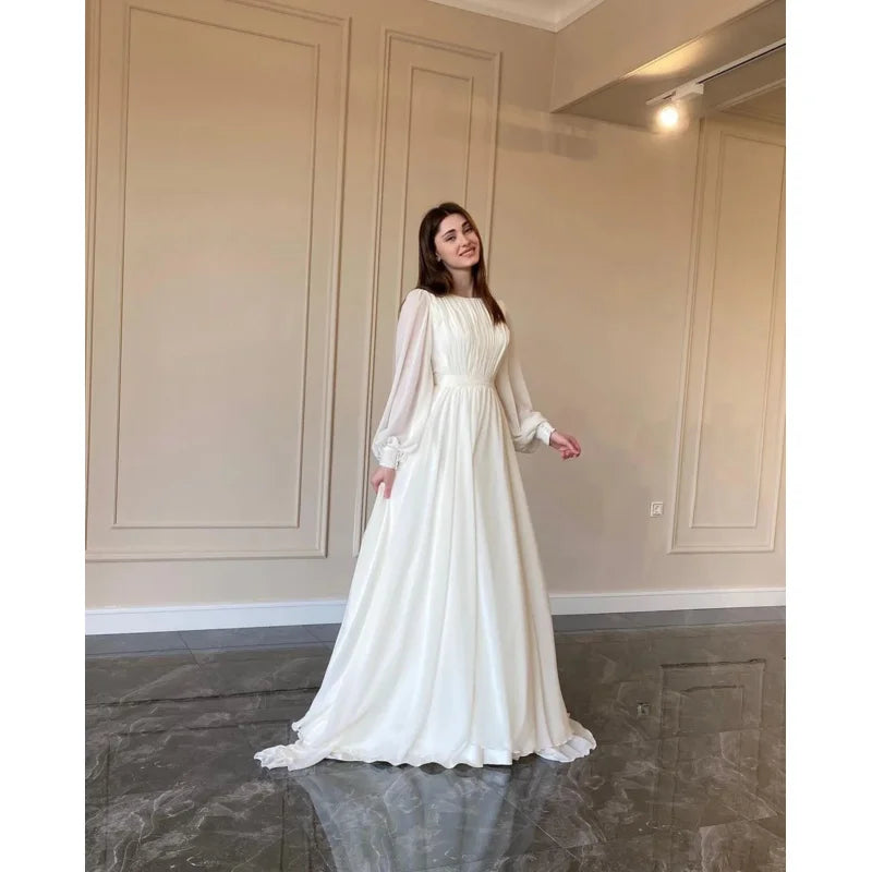 Autumn fashion lantern Pearl gauze white wedding dress crew neck dress - Seprincess