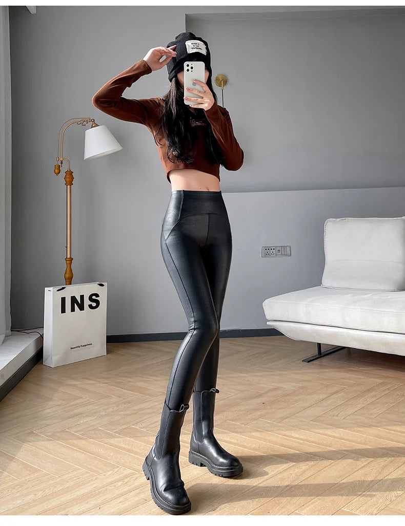 Autumn Winter Women Fleece Matte Leather Leggings High Quality Sheepskin High Waist Elastic PU Leather Pants Slim Sexy Leggings