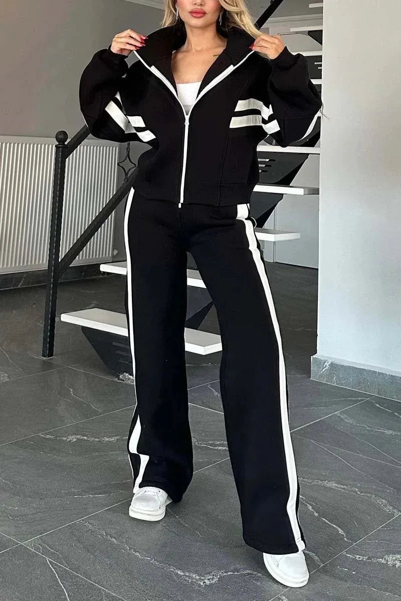 Y2K Striped Zipper Coat+sweatpants Two Piece Set Women Casual Batwing Sleeve Sports Jacket Outfits Autumn Winter Sweatshirt Suit - Seprincess