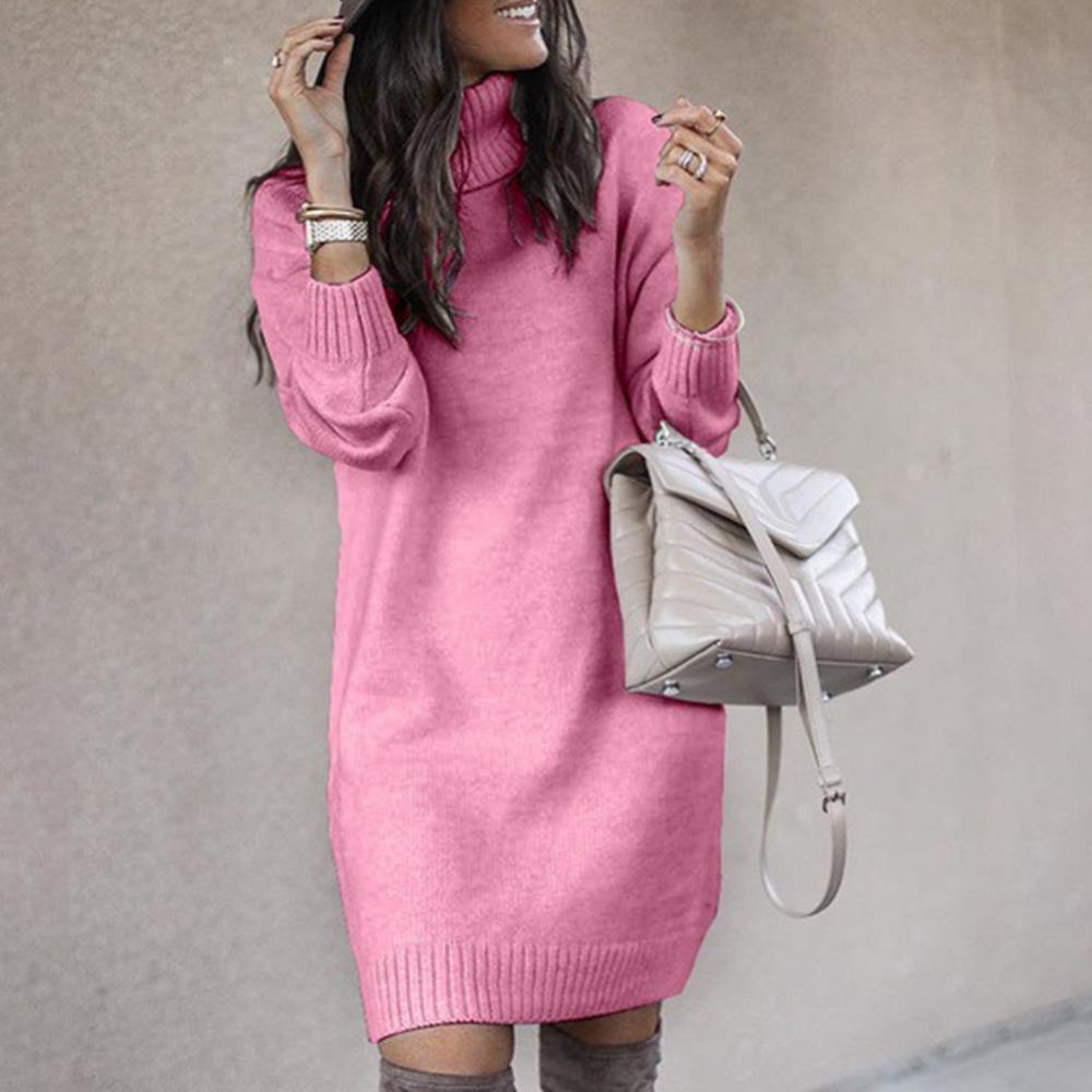 Women Winter Loose Dress Knee-length Dress Women Long Sleeve Autumn Turtleneck Warm Knitted Sweater Knee-length Dress - Seprincess