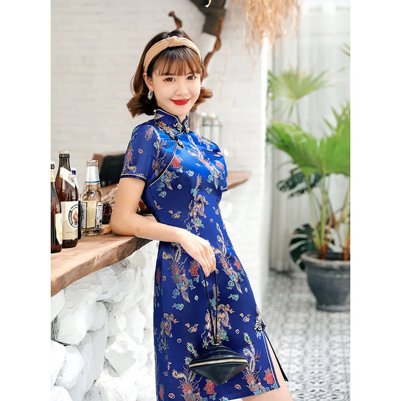 Front Fork Dragon&Phoenix Qipao Elegant Women Cheongsam Old Shanghai Mandarin Collar Sexy Short Chinese Dress Vestido - Seprincess