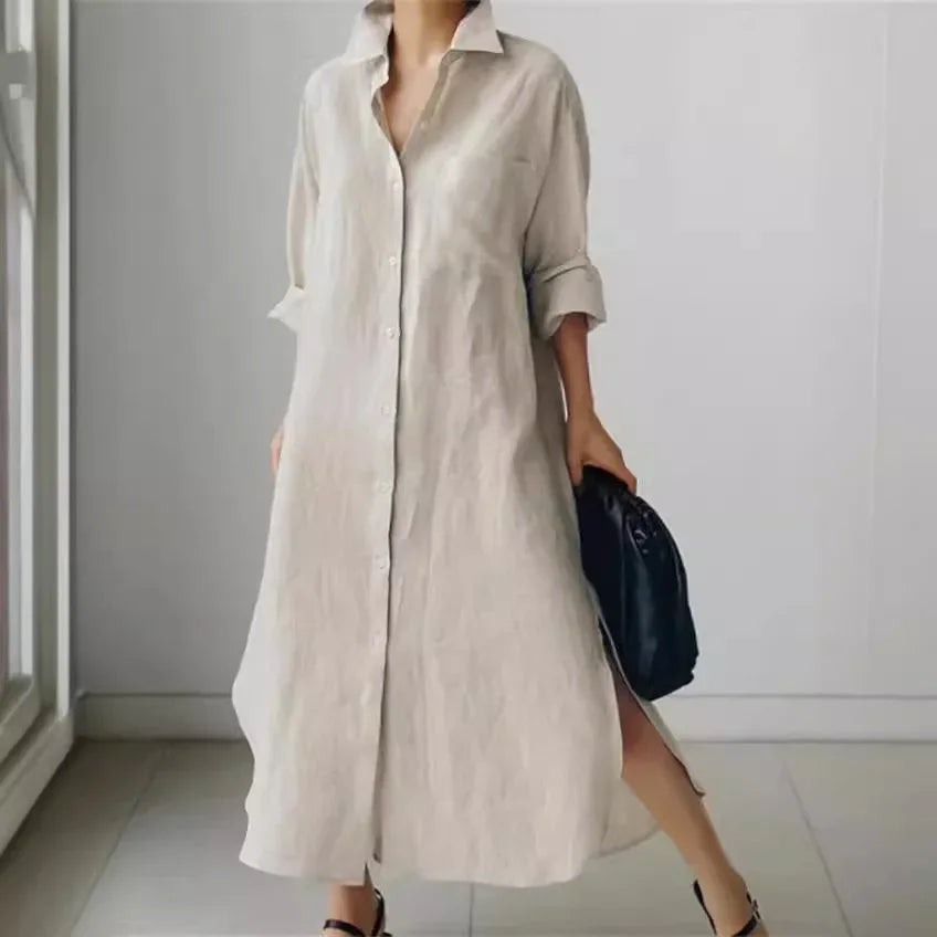 Summer Fashion New Women's Cotton Linen Dress Shirt Elegant Loose Irregular Cardigan Single Breasted Fashion Long Sleeved Dress - Seprincess