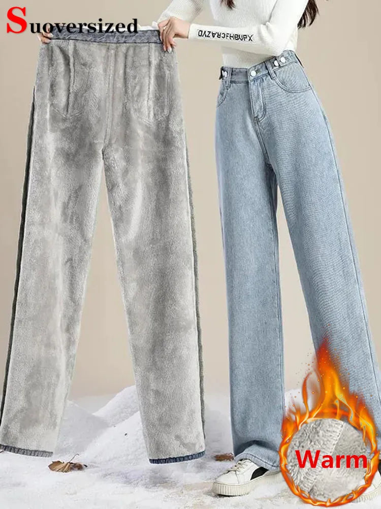 Straight Velvet Lined Baggy Jeans Pants Women Warm Plush Wide Leg Vaqueros Pantalones Thick Loose Vintage Winter Denim Trousers