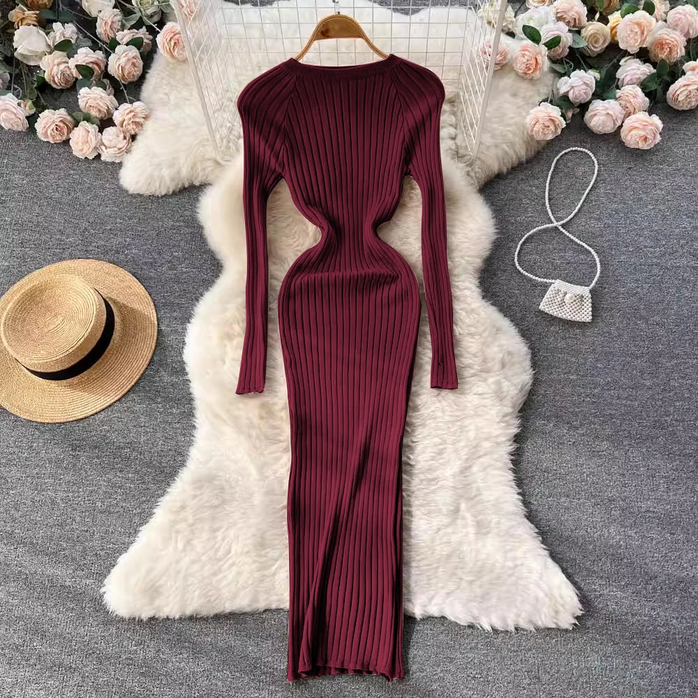 SINGREINY Winter Women Knit Maxi Dress O Neck Autumn Long Sleeve Slim Solid Harajuku Ladies Fashion Pencil Sweater Long Dresses - Seprincess