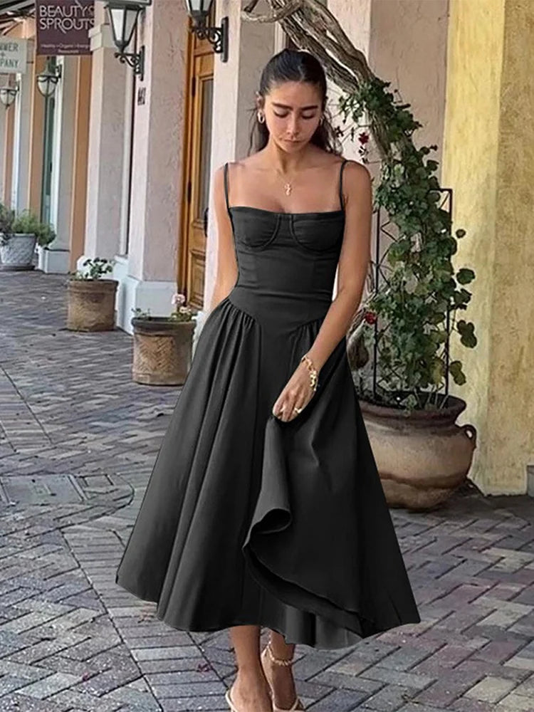 Sexy Solid Pleated Hem Sling Dress Women Fashion Midi Sleeveless Backless Dresses Female 2024 Summer Party Evening A-line Robes - Seprincess