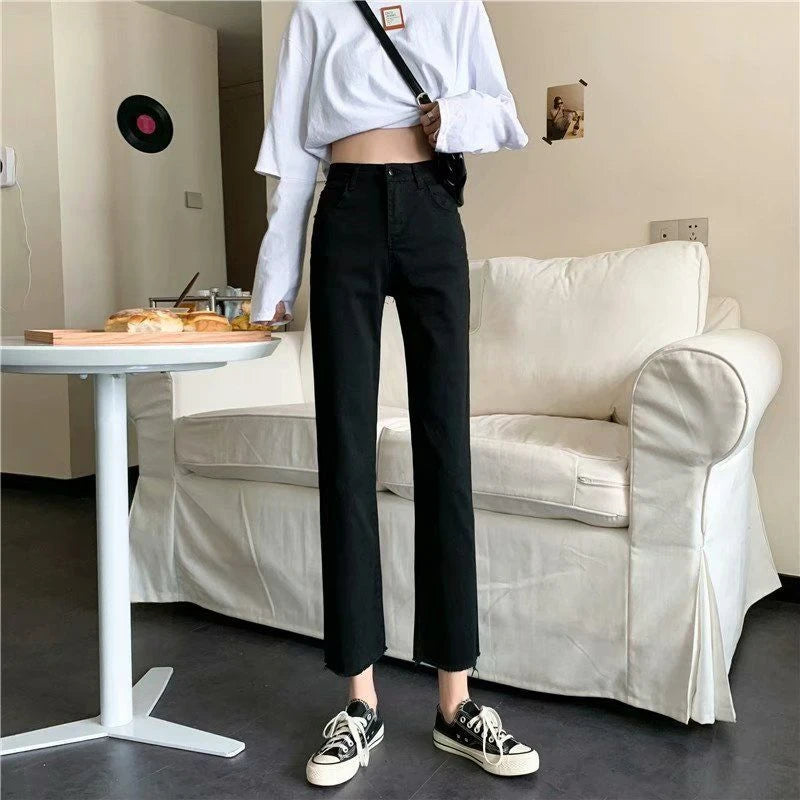 New Stretch All-Match Women Long Pants Black High-Waisted Women's Denim Jeans Straight Classic Trousers Female Raw Edge Slim