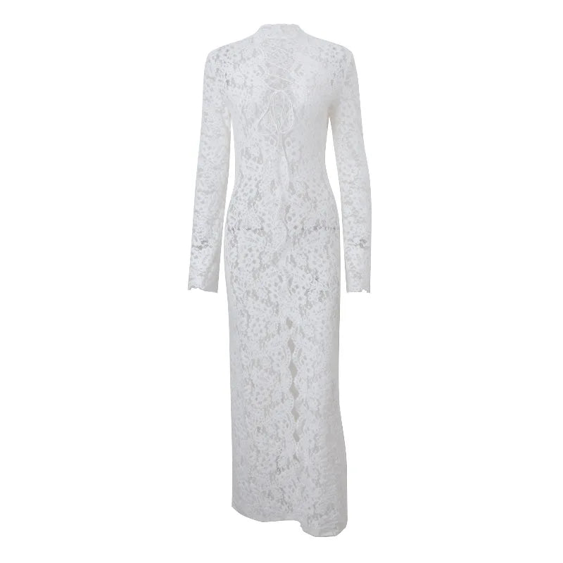 Sexy White Lace Printed Maxi Dress For Women See-Through Hollow Out Full Sleeve V Neck Slit Slim Long Dress Party Club Outfit - Seprincess