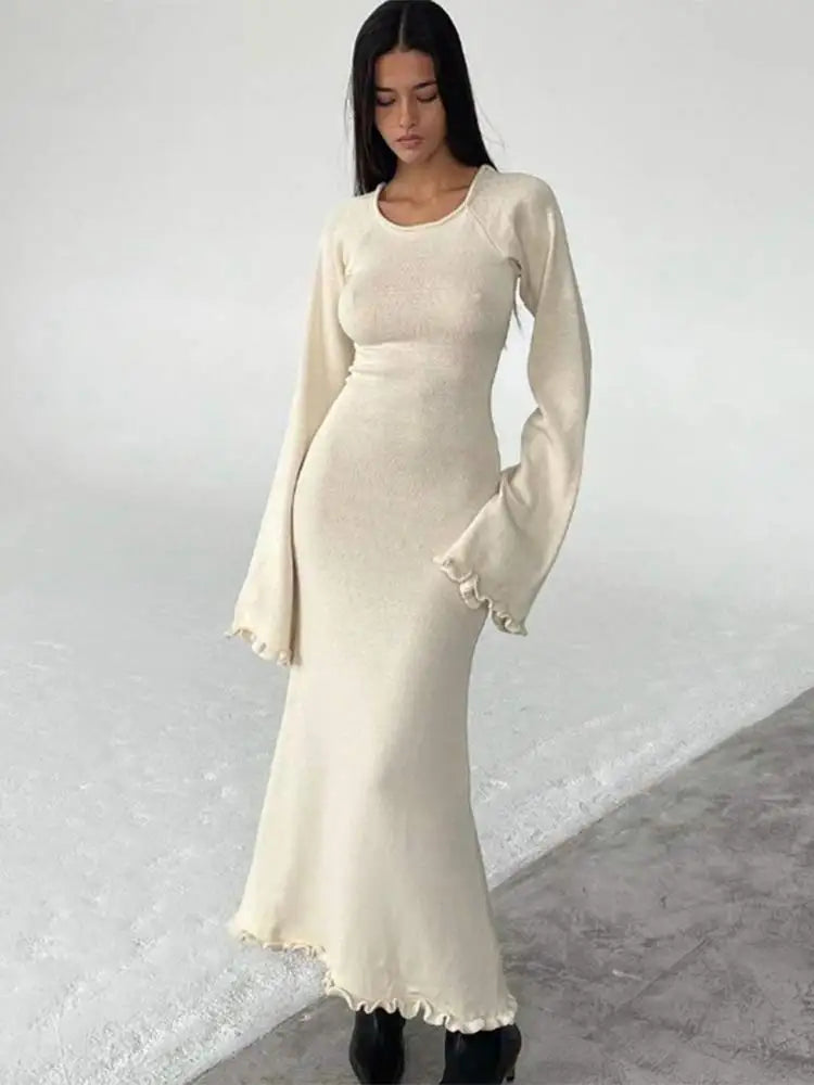 Women Elegant Ruffle Hem Knit White Long Dress O-neck Flare Long Sleeve Backless Bandage Dresses 2024 New Evening Party Robes - Seprincess