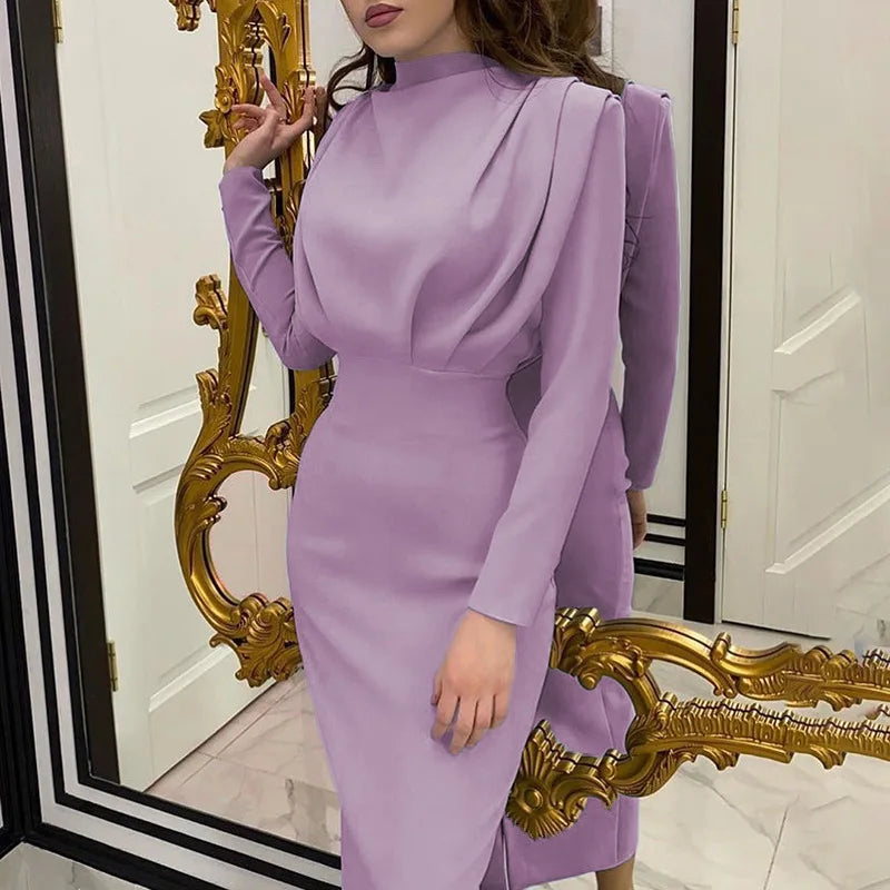 2024 Autumn Solid Bodycon Midi Dress Turtleneck Long Sleeve Slim Office Lady Sexy Office Lady Blue Party Dresses For Women Work - Seprincess