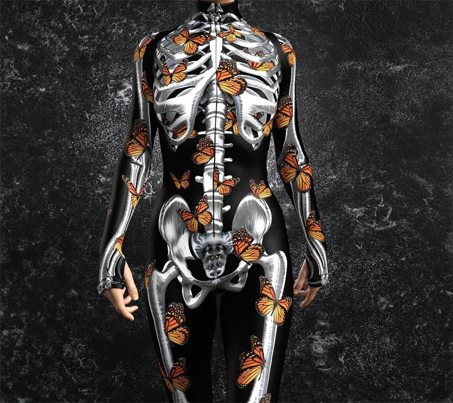 Women 3D Skeleton Butterfly Bodysuit Cyber Punk Jumpsuit Halloween Party Carnival Cosplay Costume Stage Performance Romper Suit