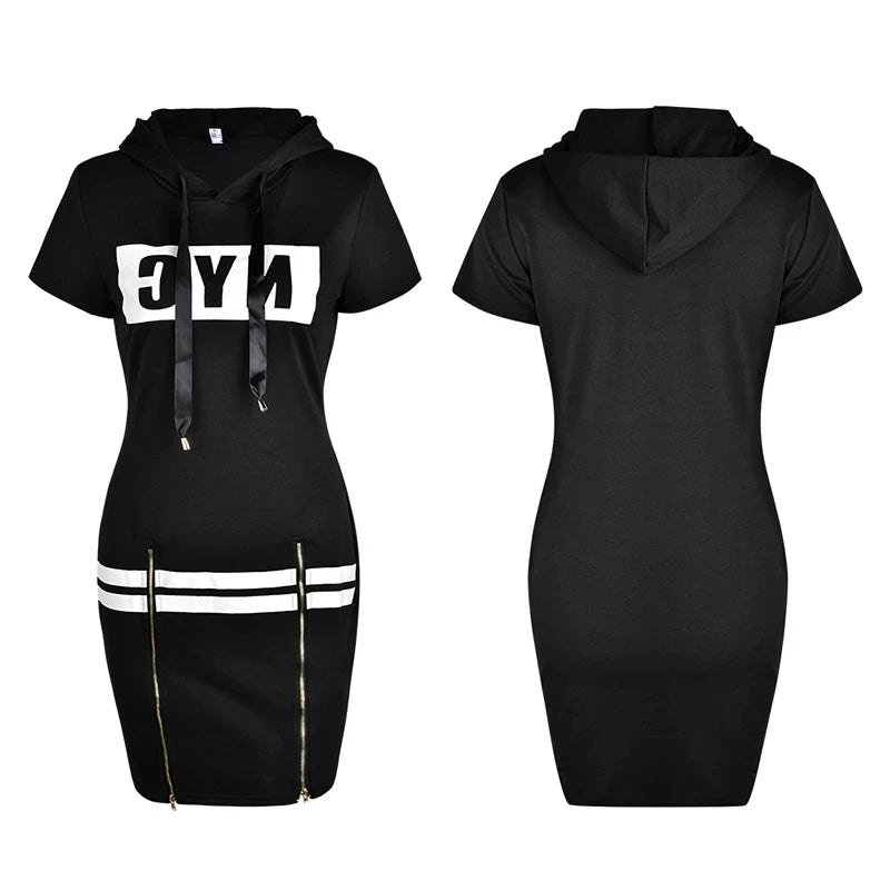 2022 Hooded Women Summer Dress Short Sleeve Letter Print Zipper Bandage Hoodies Lady Casual Sport Bodycon Vestidos Mini Dresses - Seprincess