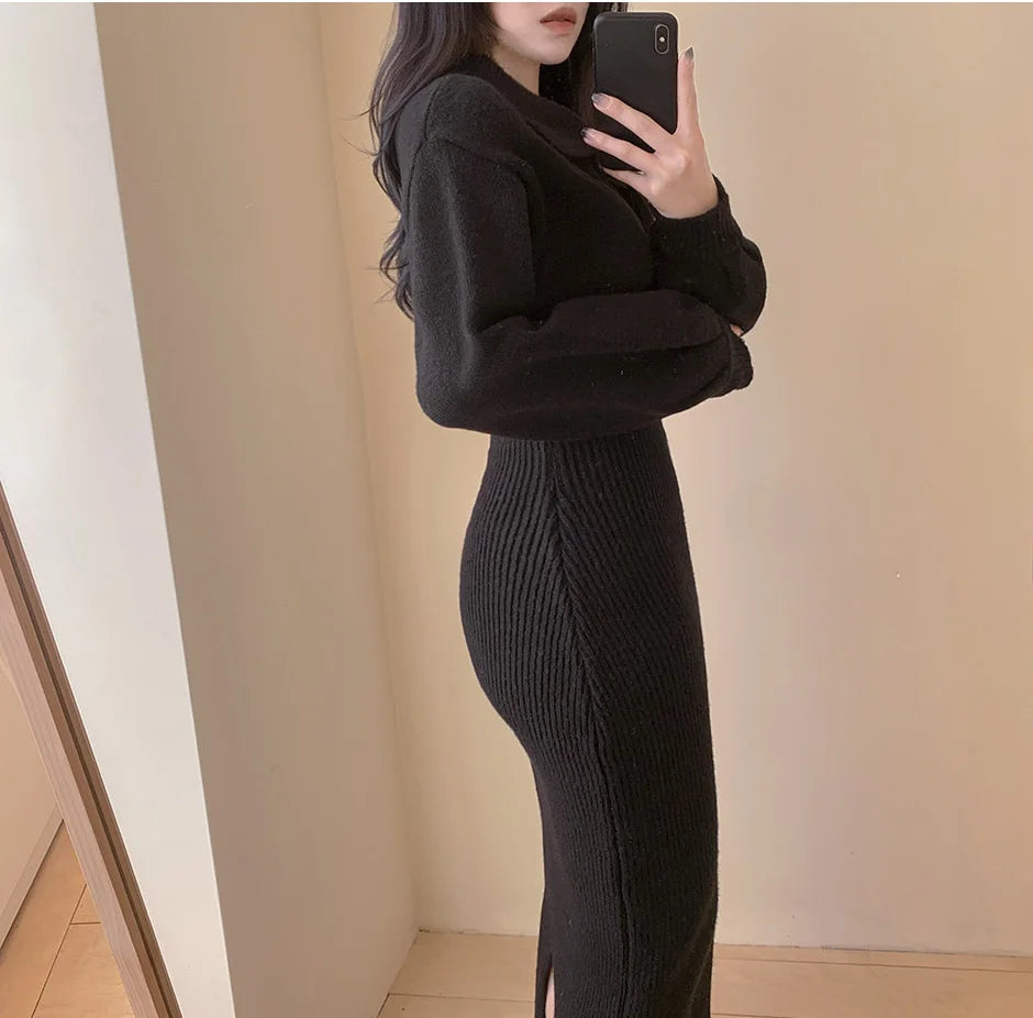 Vintage Long Sleeve V-neck Knitted Sweater Midi Dresses for Women Zipper Lapel Elegant Warm Bodycon Dresses Autumn Winter 2024 - Seprincess