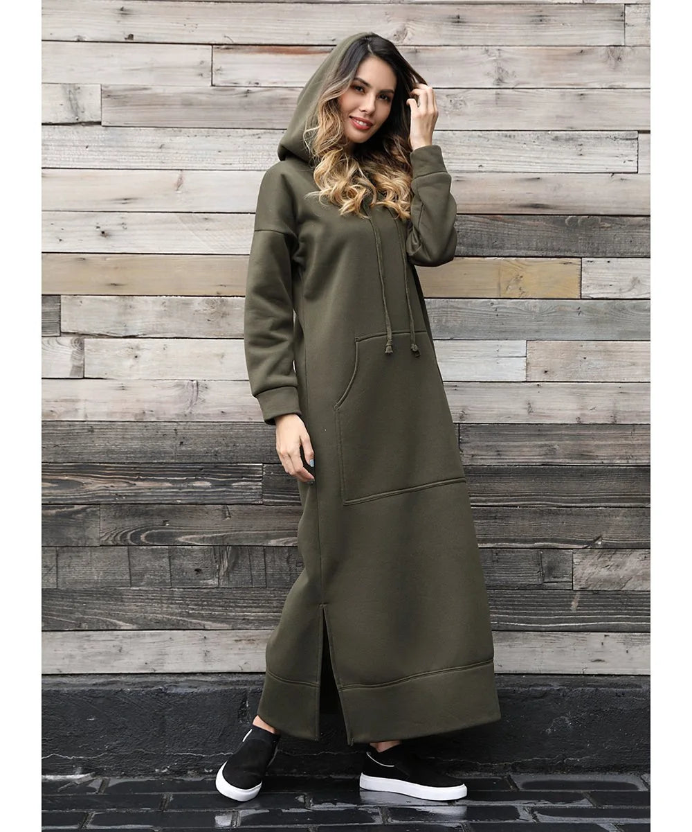 Women Dresses Autumn Winter hoodies Hooded Big Pocket Sweaters Dress Long Sleeved Casual Loose Elegant Office Lady Vestidos