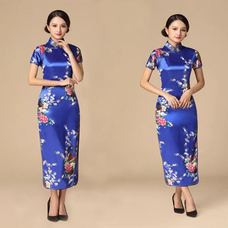 Women Satin Cheongsam Chinese Traditional Mandarin Collar Evening Party Dress Print Peacock Sexy Split Qipao Vestidso - Seprincess