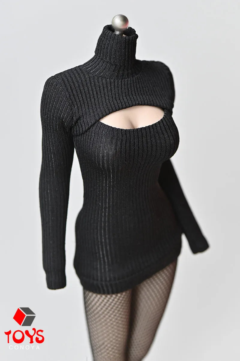 1/6 Scale Female Sweater Slim Elastic High Neck Knit Pullover Sexy Open Chest Tops Mini Sweater Dress for 12" Action Figure - Seprincess