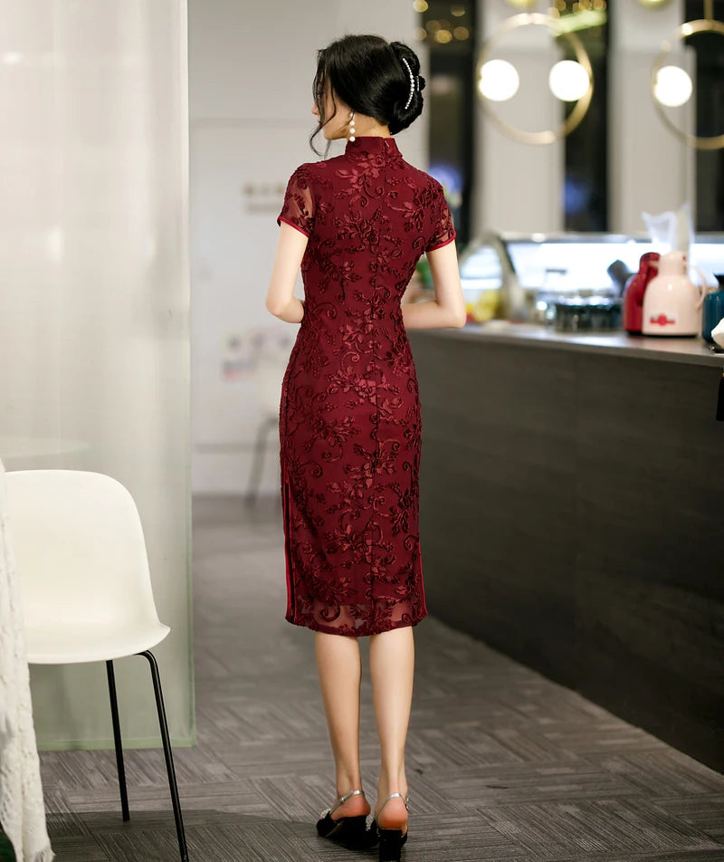 Burgundy Lace Female Qipao Traditional Chinese Dress Vintgae Classic Mandarin Collar Cheongsam Sexy Slim Split Vestidos 3XL 4XL - Seprincess