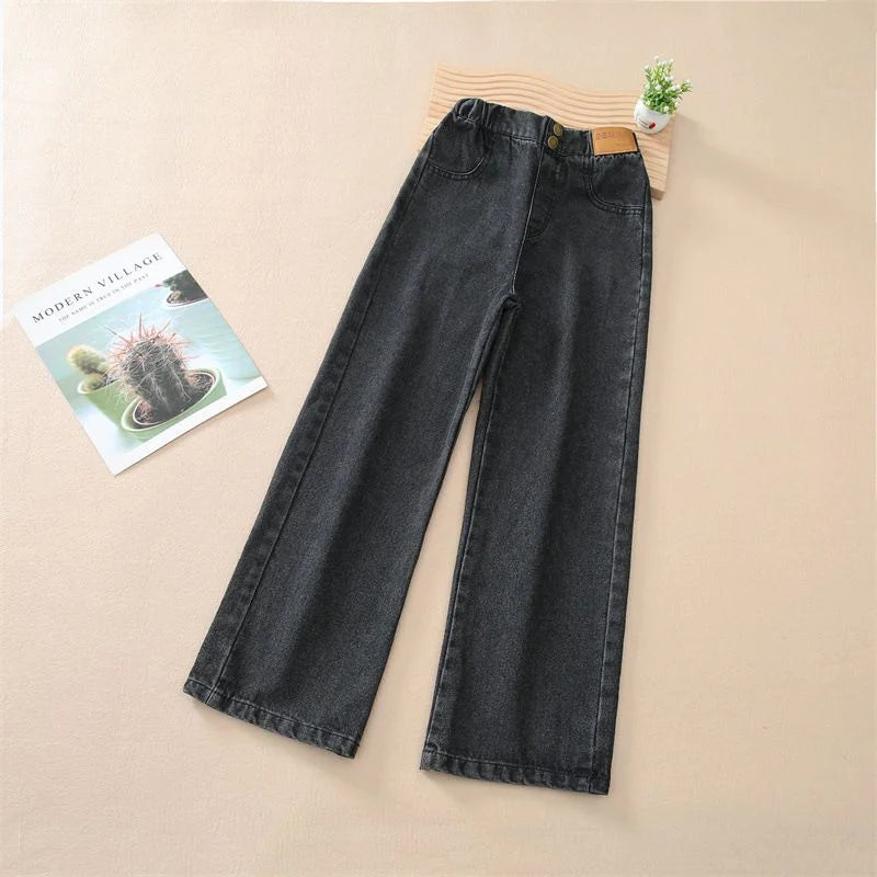 Girls Loose Jeans Pants Autumn Children Casual Straight Long Pants Teen School Big Kids Wide Leg Trousers 5-14 Years