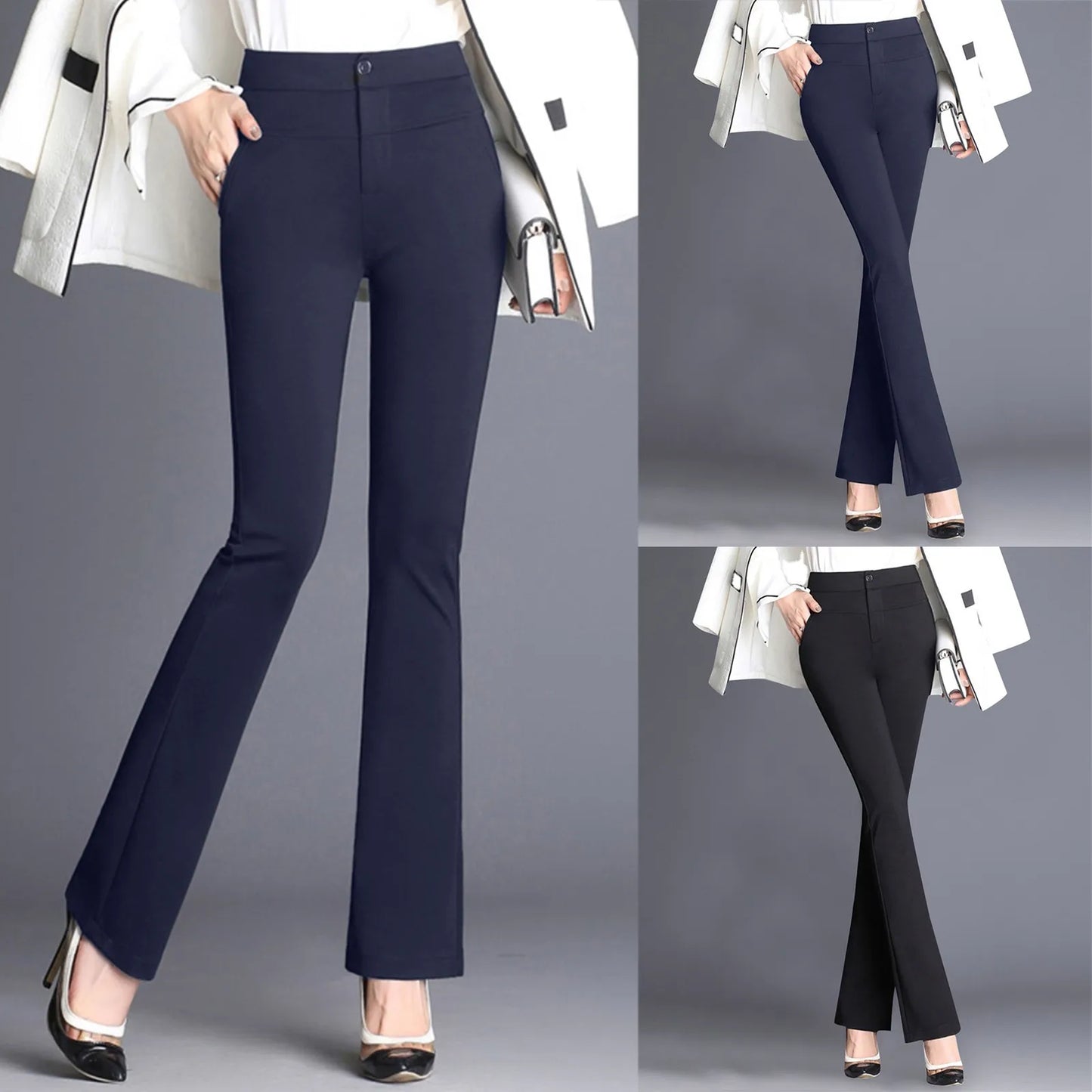 Spring Autumn Casual Button Elastic Mid Waist Black&Navy Blue Straight Trousers Office Lady Quick Drying Suit Pants Female Wear