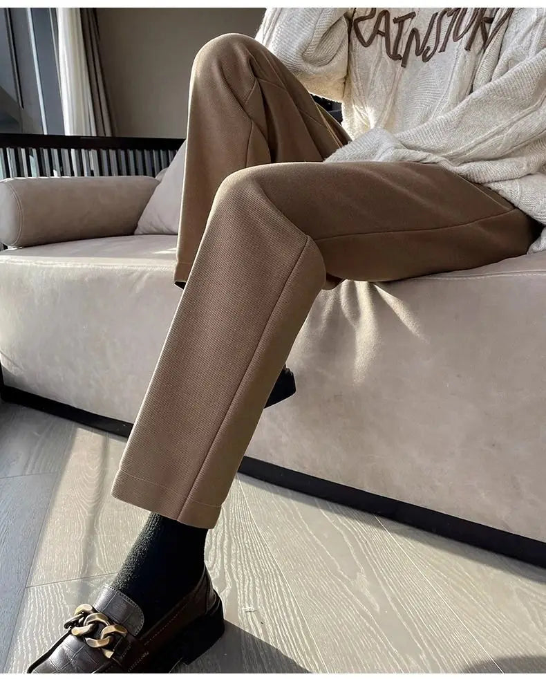 Simplicity Autumn Women Woolen Suit Pants Solid Pockets Button Elastic High Waist Fashion Straight Thicken Ankle Length Trousers