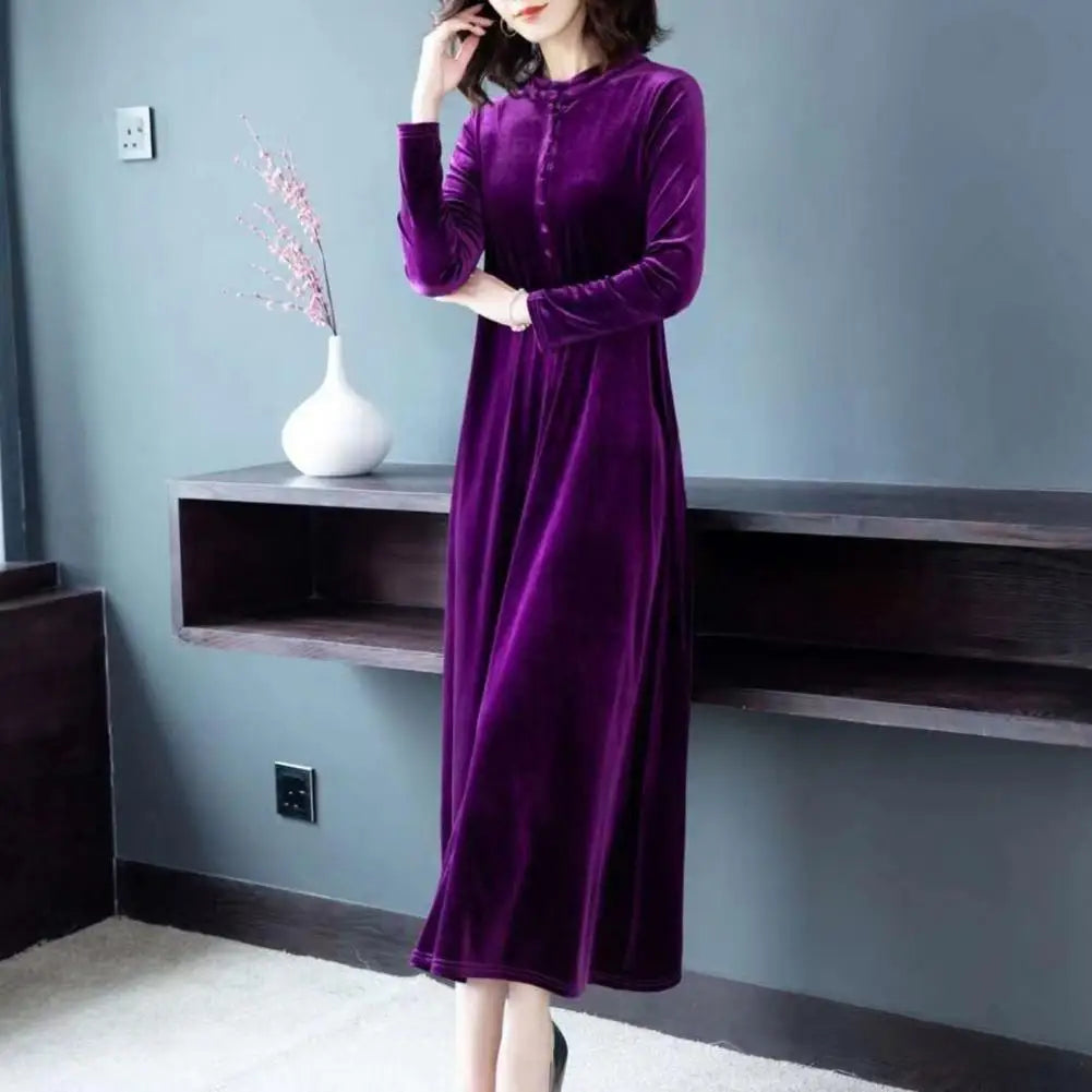 Spring Autumn Women Dress Solid Color Long Sleeves Button Female Maxi Dress Keep Warm Velvet O Neck Mid-calf Length Lady Dress - Seprincess