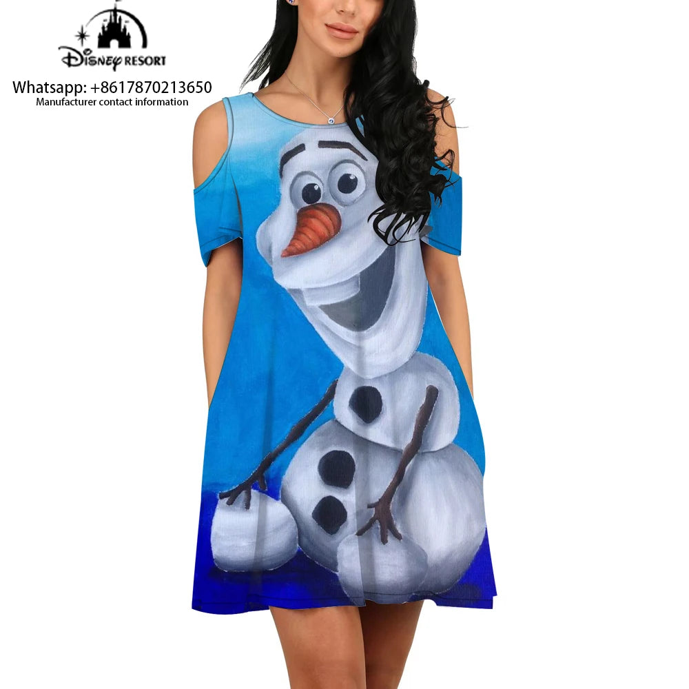 Round neck printed dress Frozen cartoon printed new casual off-shoulder dress female cartoon printed dress - Seprincess