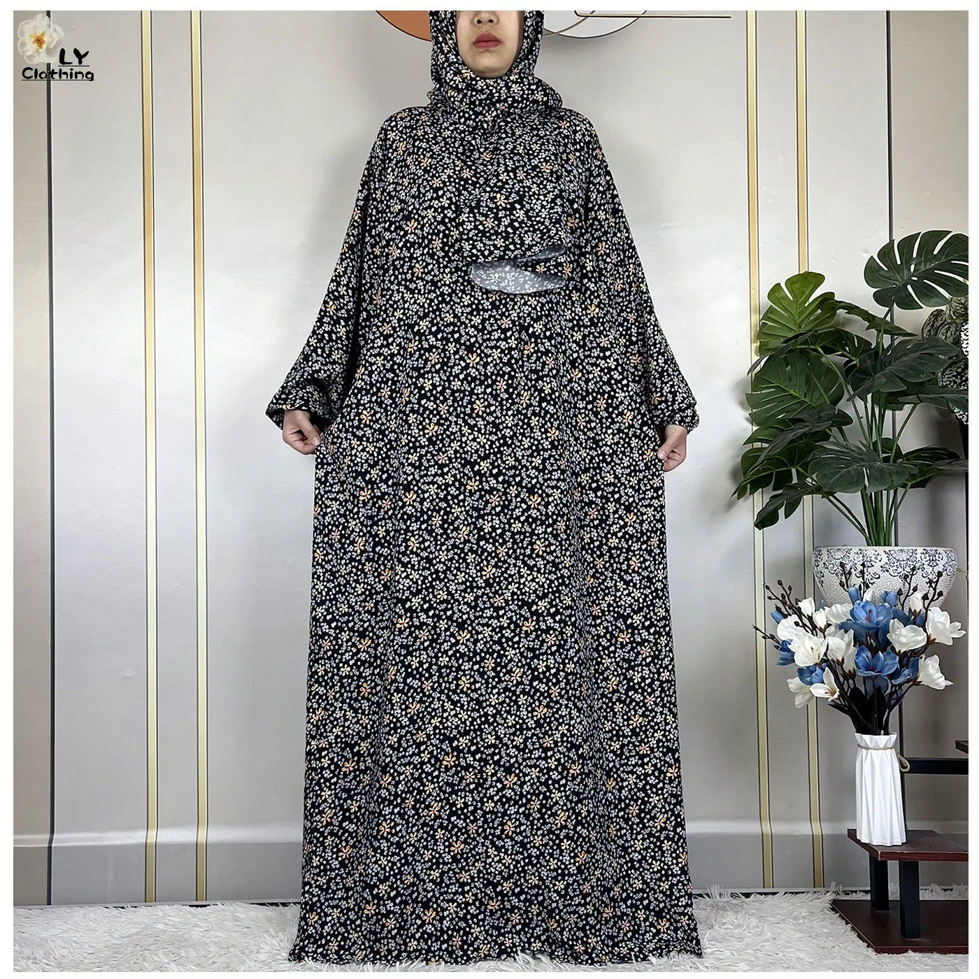 2024Latest Muslim Abayas For Women Ramadan Prayer Maxi Dubai Turkey Femme Cotton Robe Floral Loose African Dress Turban Attached - Seprincess