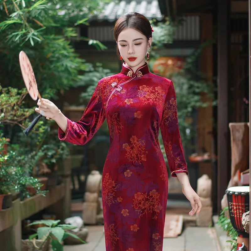 Women Flocking Cheongsam Improved Winter Plus Size Dress Chinese Style Evening Dresses Show Long Qipao Costume 4 Color - Seprincess