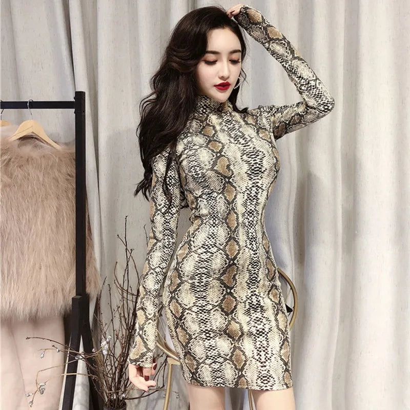 Fashion Vintage Snake Print Dress Turtleneck Sexy Long Sleeve Tight Dress For Women - Seprincess