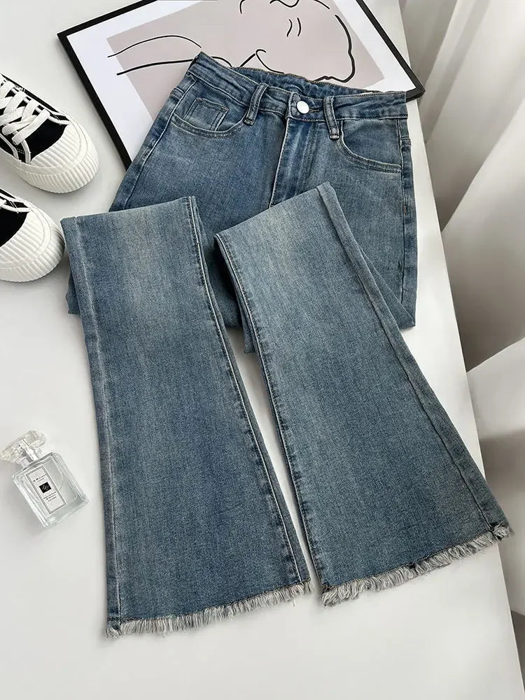 Summer New Fringe Jeans Women's Student High-waisted Elastic Slimming Bootcut Pants Vintage Thin Bell-bottom Pantsins