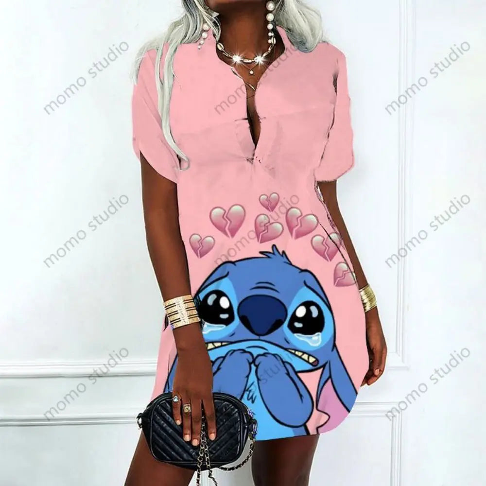 Lilo & Stitch Summer Fashion Disney Polo Shirts Mini Dress Dresses for Women 2023 V Neck New Y2k Album Sexy Elegant Party Summer - Seprincess