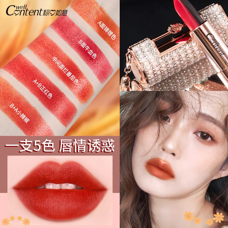 5 In 1 Colors Lipstick Matte Velvet Sexy Red Lip Tint Smooth Long Lasting Waterproof Easy to Wear Magic Lip Makeup for Women - Seprincess