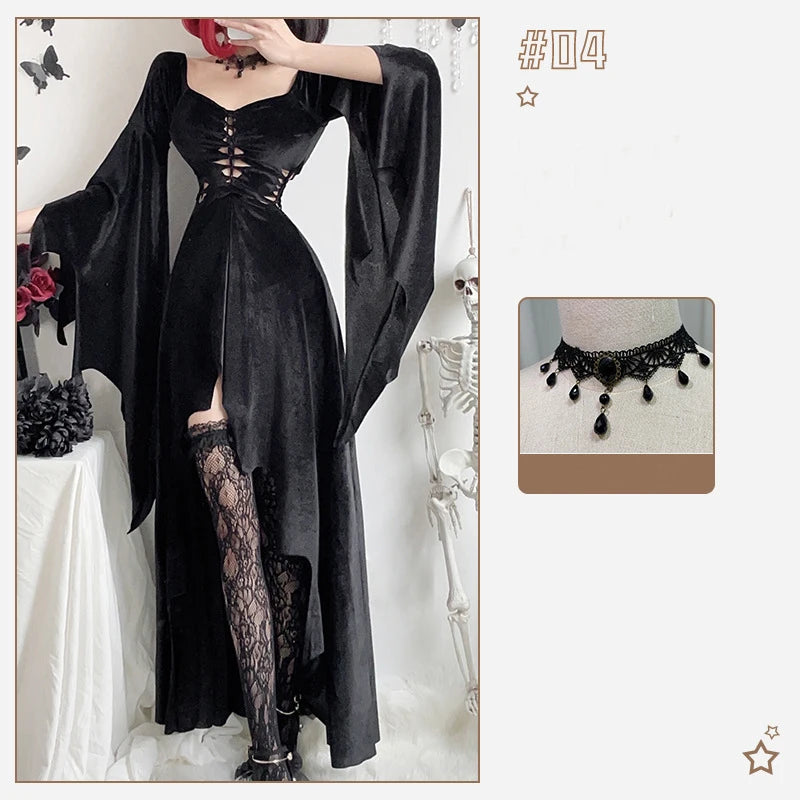 Harajuku Gothic Halloween Costumes Witch Dress Black Vintage Flare Long Sleeve Vampire Bride Outfit Cosplay Death Black Dresses - Seprincess