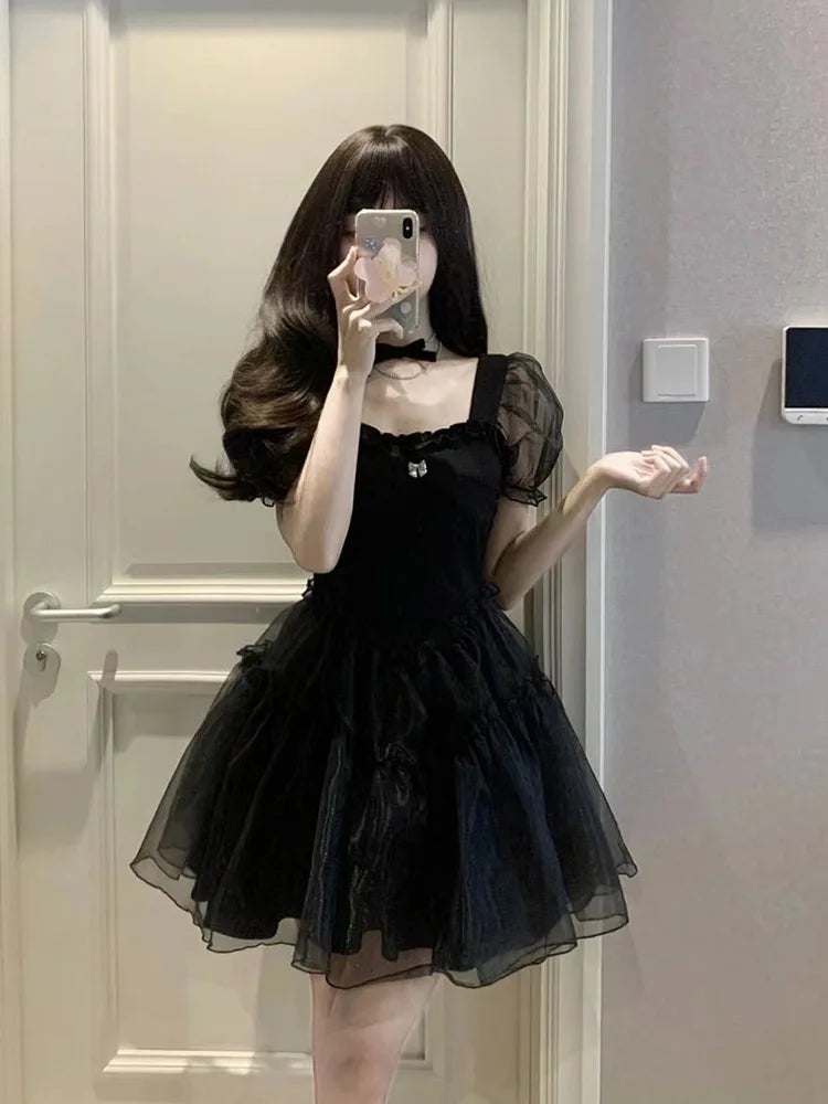 Black Mini Dress Women Bodycone High Waisted Puff Sleeve Sexy Summer Kawaii Girlish Lolita Vintage A-line Vestidos Temper French - Seprincess