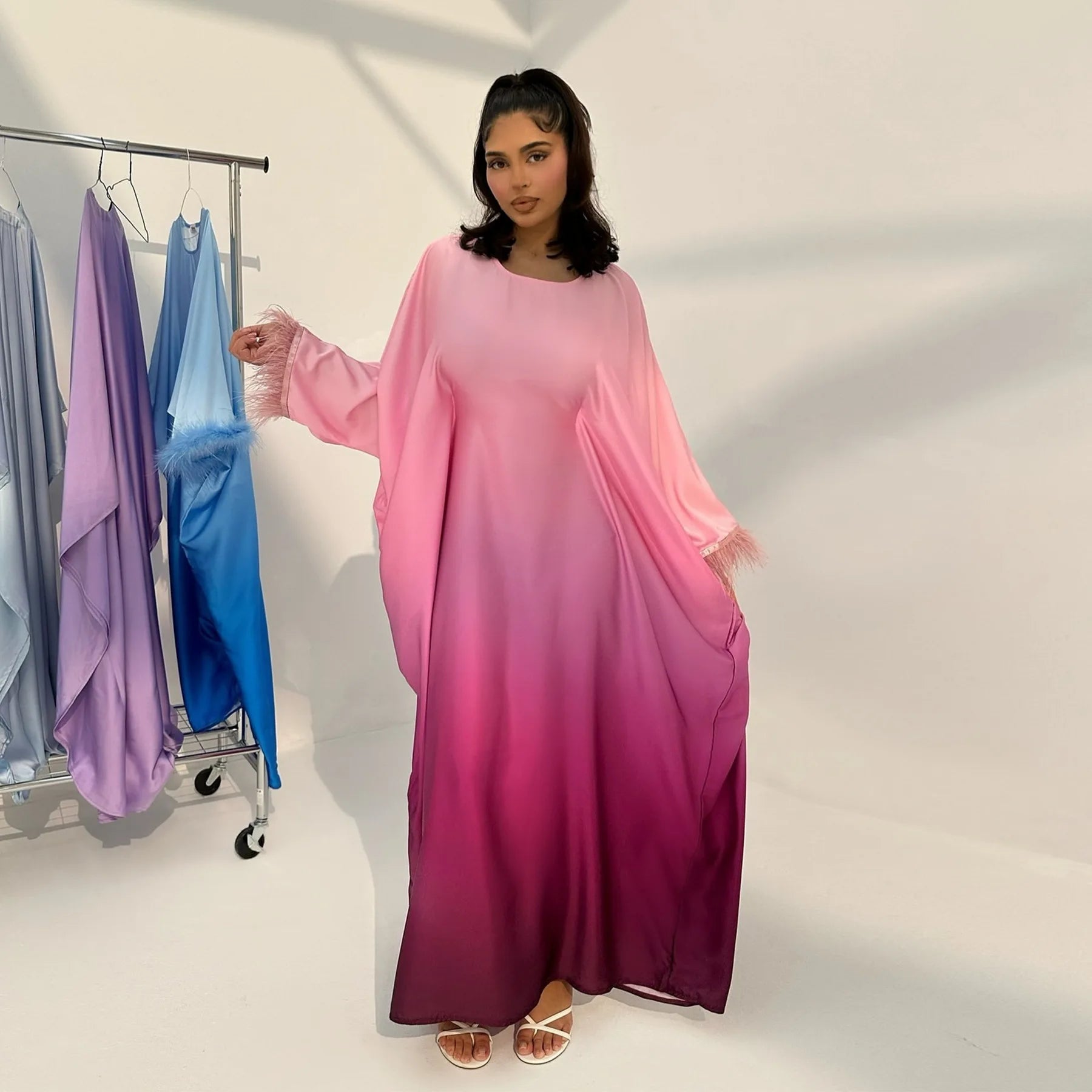 Fashion Shiny Feather Cuff Muslim Dress Robe Female Full Length Soft Butterflies Abaya Muslim Dress Worship Service Abaya wy2073 - Seprincess