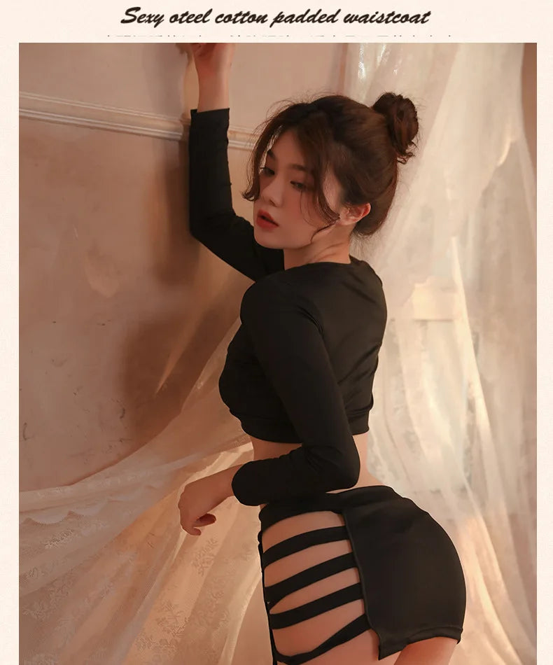 Hot Erotic lingerie Hollow buttocks short skirt two-piece set with tie up secretary uniform Cosplay underwear women xxx - Seprincess