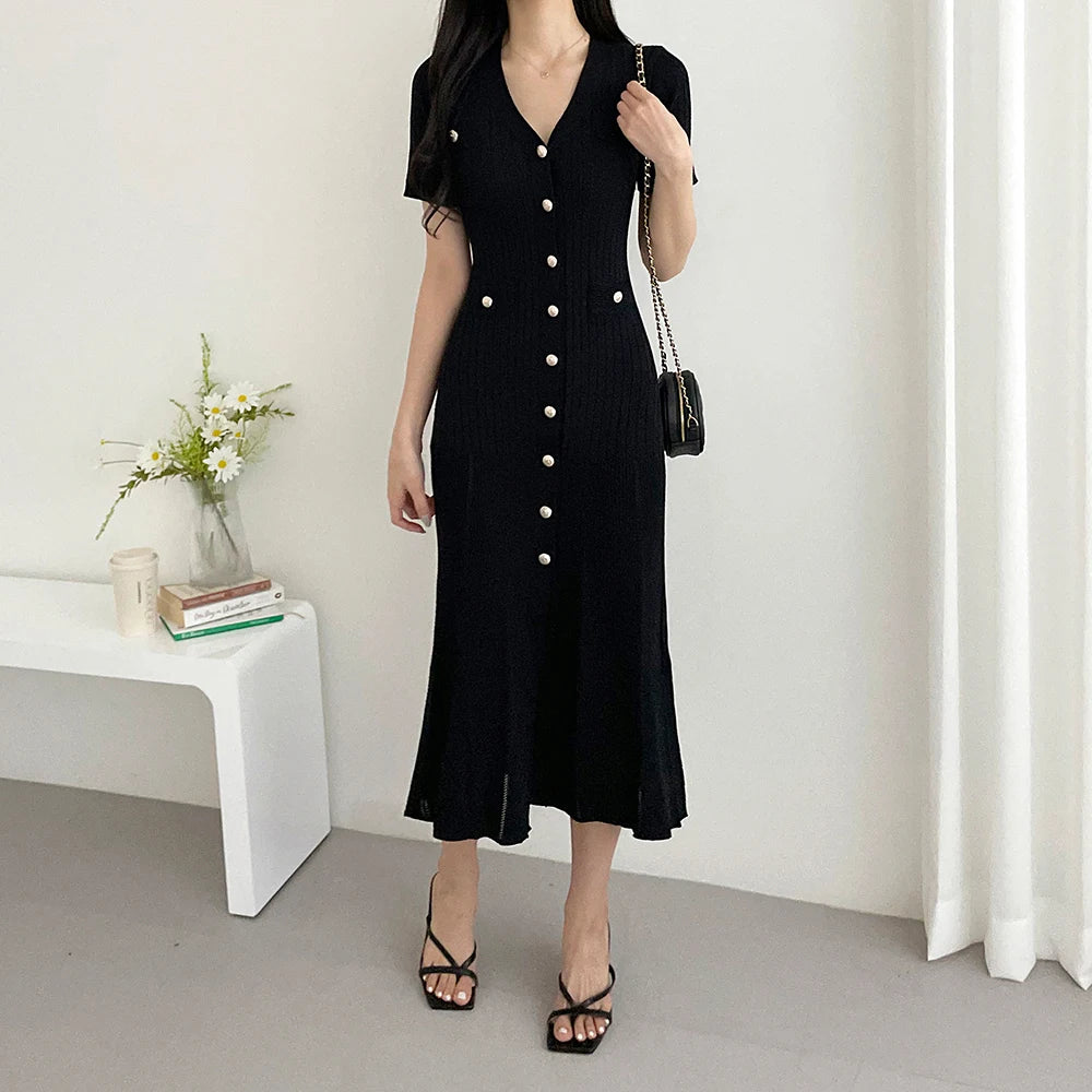 Summer Midi Dress Women Knitted Black Bodycon Korea Style Ruffle Ladies Dresses Elegant Fashion Casual Woman Dress 2024 - Seprincess