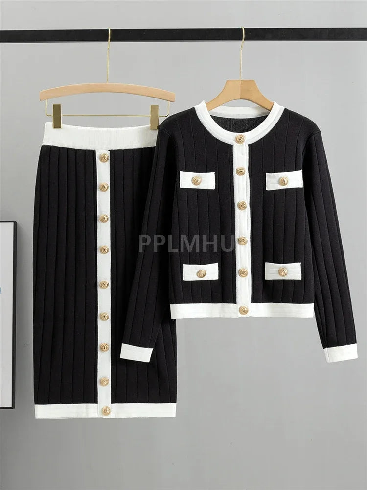 Women New Slim O-neck Short Sweater Cardigan 2 Piece Suits Korean Vintage Knit Skirts Sets Chic Button Malhas Faldas Conjunto - Seprincess