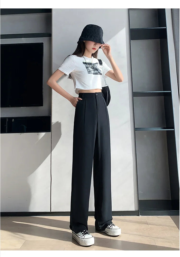 Casual High Waist Loose Wide Leg Pants for Women Spring Autumn New Female Floor-Length White Suits Pants Ladies Long Trousers