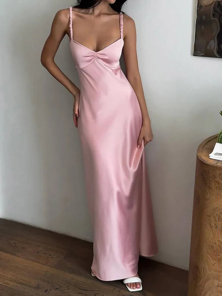 Elegant Pink Satin Backless Sling Dress For Women V Neck Hollow Out Sleeveless Long Dresses New Ladies Party Club Evening Robes - Seprincess