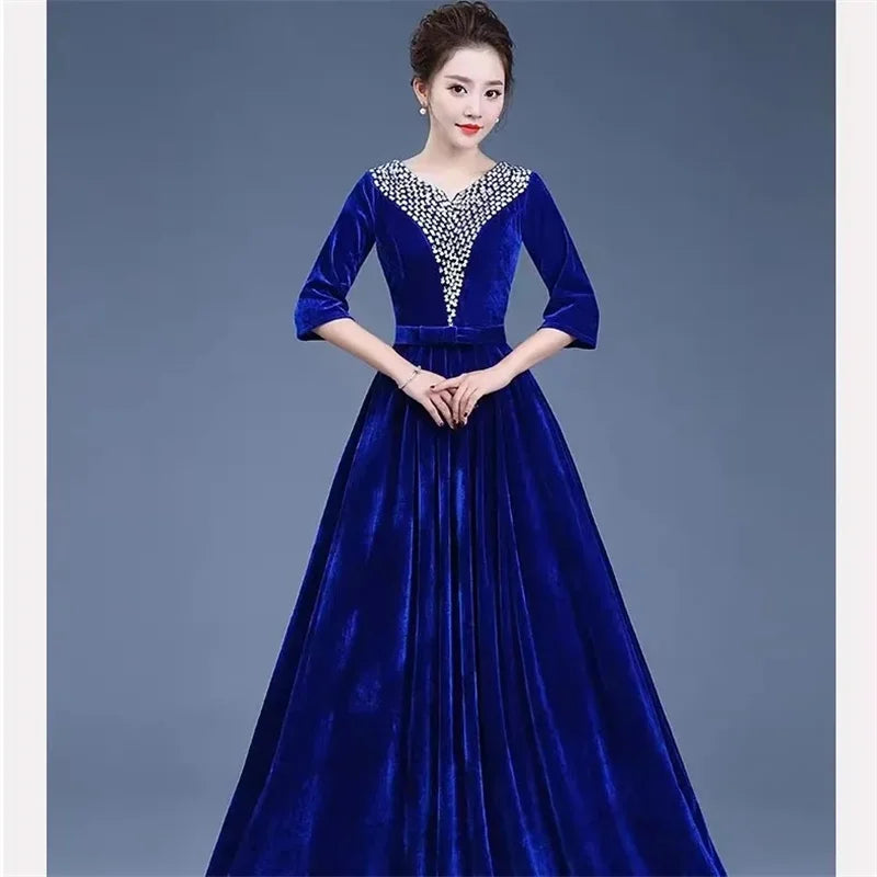 Golden Velvet Chorus Performance Dress New Year Eve Spring Festival Gala Women Chinese Slim Fit Mother Chorus Conductor Clothing - Seprincess