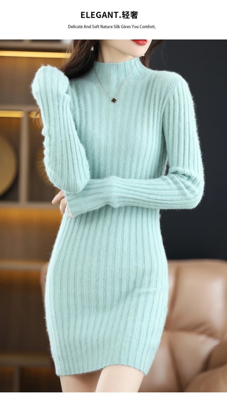 Women's High Collar Winter Warm Long Sleeve Solid Mink Cashmere Korean Version Loose Luxury Soft Cashmere Knitted Fit Dress - Seprincess