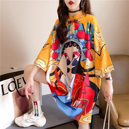 Chinese Fashion Print Dress Women Summer Long Sleeve National Style Cheongsam 2022 Modern Improve Vintage Elegant Loose Qipao - Seprincess