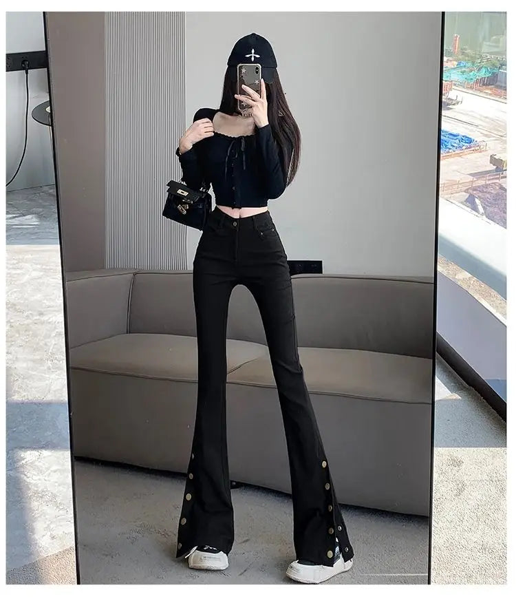 Micro-boot jeans brown buttoned design women's autumn and winter new high-waisted slim straight-leg floor mopping pants