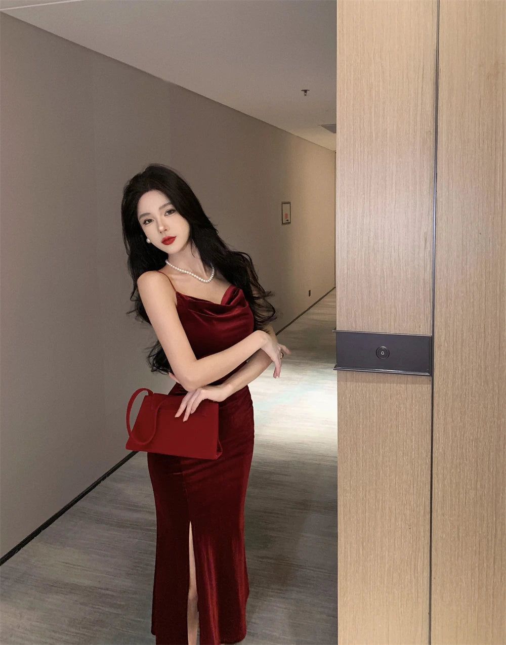 Vintage Sexy Club Prom Red Dresses for Women Spaghetti Strap Slit Velvet Dress Beach Bandage Bodycon Midi Dress Party Elegant - Seprincess