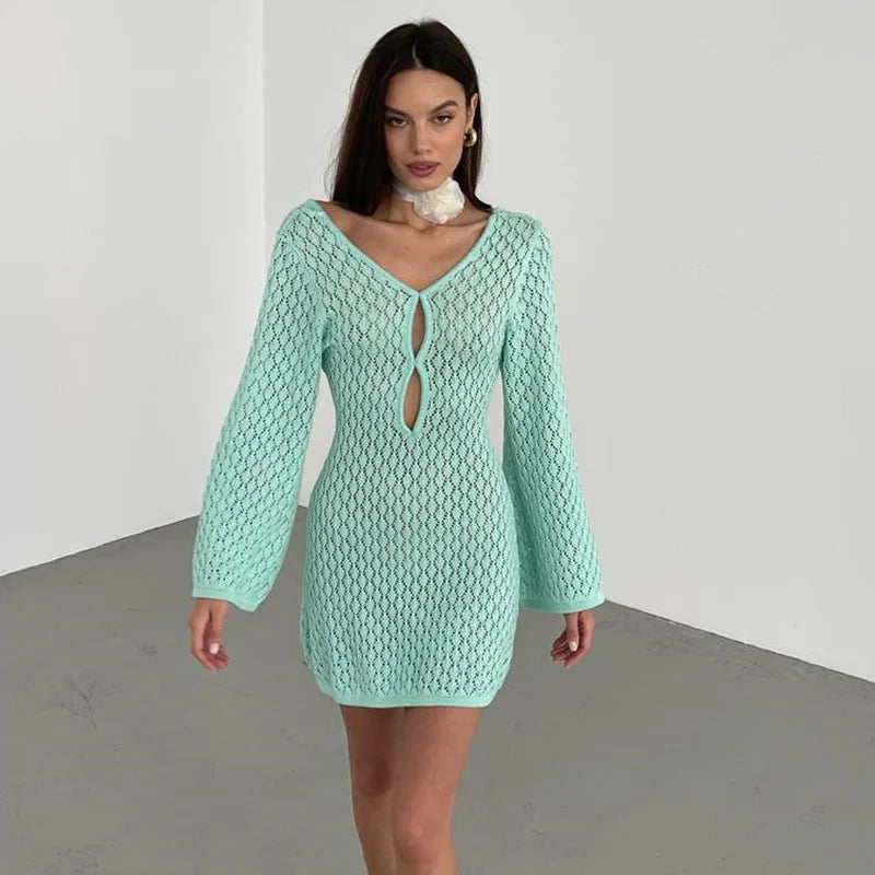 Sexy Women Long Knit Beach Dress Hollow-Out Deep V-Neck Long Sleeve Bikini Cover-Ups Dress Fall Backless Holiday Dress - Seprincess