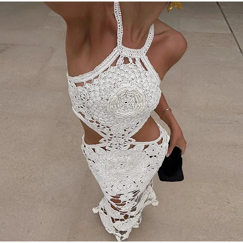 Beach Flower Hollow Out Dress Women White Halter Sleeveless Backless Long Dresses Female 2024 Summer Fashion Lady Vestidos - Seprincess